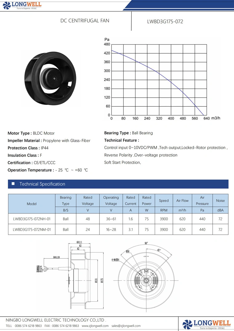 175mm DC 24V 48V External Rotor Motor BLDC Backward Curved Centrifugal Fan for Ventilation Equipments, Air Purifier